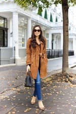 Image of Women's Casual Raw Edge Faux Suede Mid Length Trench Coat Mac with Belt