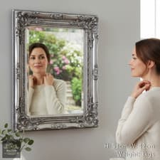 Image of Lovably Ornate French Vintage Style Antique Silver Wall Mirror Beveled Glass