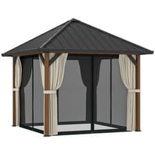 Image of Outsunny 3 x 3(m) Metal Hardtop Gazebo with Netting and Curtains, Walnut