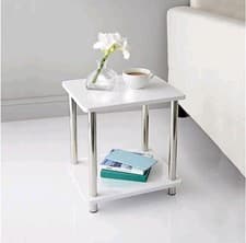 Image of Small 2 Tier White Gloss Side Table with Shelf Office Bedroom Coffee End Table