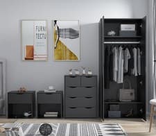 Image of AFN Home 4 Piece Bedroom Set - Black Matt, Wardrobe, 5 Drawer Chest & 2 Cabinets