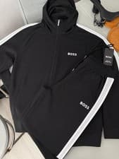 Image of BOSS Men's Tracksuit Set Black Hoodie Jacket & Track Pants White Stripes Size L