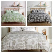 Image of Leaf Print Duvet Cover Set with Pillowcases Reversible Polycotton Bedding
