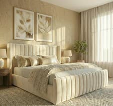 Image of Winged Upholstered Bed Frame Plush Velvet and Naples Fabric Double & King Size