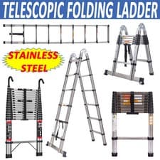 Image of Folding Telescoping Ladder Stainless Steel Multi Purpose Step Non-Slip Ladders