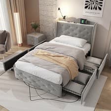 Image of Velvet Upholstered 3ft Single Storage Bed Frame with 4 Drawers, Headboard, Grey