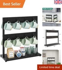 Image of Industrial 2-Tier Mug Tree with 16 Hooks - Rustic Kitchen Organizer in Black