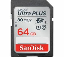 Image of SanDisk Ultra Plus SDXC Memory Card Up to 80 MB/s Class 10 U1, 64 GB, Black Grey