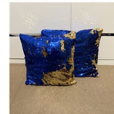 Image of Blue Gold Sequin Abstract Cushion Covers Reversible Set of 2 40 x 40cm Square