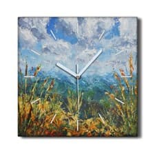 Image of Silent Wall Clock Canvas 30x30 Painting Abstract Clouds Mountains Landscape