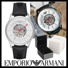 Image of emporio armani ar2072 meccanico black leather automatic men's skeleton watch