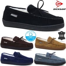Image of Mens Slippers Memory Foam Leather Moccasin Sheep Skin Fur Lined Winter Warm Shoe