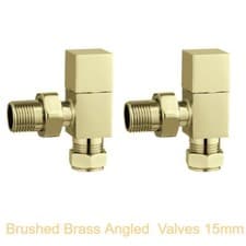 Image of Radiator Valves Square Cubic Brushed Brass straight Angled Pairs 15mm