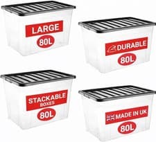 Image of 4x 80L Clear Plastic Storage Boxes With Black Lids Home Kitchen Office Stackable