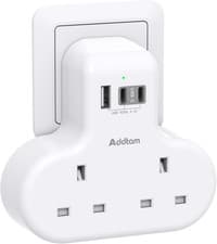 Image of Addtam Double Plug Extension with 3 USB Ports (2 USB-C), 2 Way Multi Plug Adapto