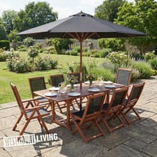 Image of 8 SEATER WOODEN EXTENDING DINING TABLE CHAIRS PARASOL SET OUTDOOR GARDEN SEATING