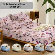 Image of 3PCS Printed Fitted Sheet Set with Pillowcase Single Double King Size Bed Sheets