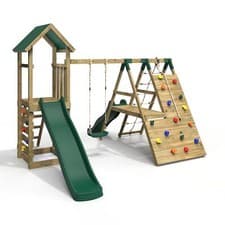 Image of Rebo Wooden Climbing Frame with Swings 6+8ft Slides & Climbing Wall - Alverstone