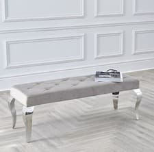 Image of NICHES 130cm Louis Chrome Dining Bench Velvet Buttoned Grey Cream & Black