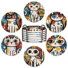 Image of Set of 6 Ceramic Cat Themed Coasters With Stand - Sale For Our Animal Charity B
