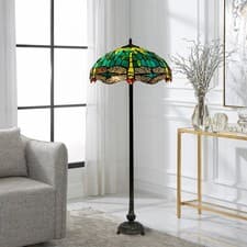 Image of Tiffany Style Dragonfly Floor Lamp, 16" Stained Glass Shade, 65" Tall Vintage