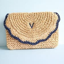 Image of Pottery Barn Mark & Graham Scalloped Raffia Clutch Purse Natural Blue Monogram V