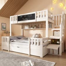 Image of Triple Sleeper Bunk Bed 4ft6 Double & 3ft Single Wooden Bed w/ Storage Drawer