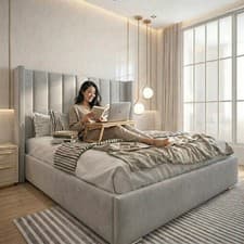Image of Designer New Line Plush Velvet Upholstered Panel Luxury Bed Frame Double&King