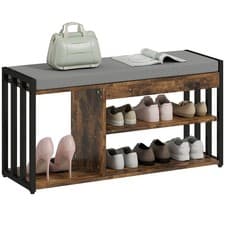 Image of HOMCOM Upholstered Entryway Shoe Bench with Storage Shelves, Rustic Brown