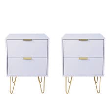 Image of Set of 2 Bedside Table Storage End Table 2 Drawer Bedroom Living Room White Gold