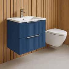 Image of 600mm Satin Blue Wall Hung Vanity Unit & Basin 2 Drawer Fluted Modern