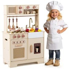 Image of COSTWAY Play Kitchen Kids Wooden Kitchen Playset with Realistic Lights