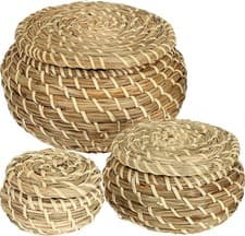 Image of Set of 3 Small Wicker Basket with Lid, Round Woven Seagrass Baskets, Little H...