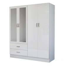 Image of High Gloss Wooden 4 Door Wardrobe with Drawers and Mirror Bedroom Storage