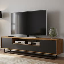 Image of 200cm TV Unit Oak Body & Black Fronts | Black Metal Frame | Modern Media Cabinet