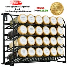 Image of Spice Rack 4 Tier Shelf Free Standing & Wall Mount Holder for Herbs & Spice Jars