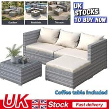 Image of Garden Sofa Rattan Furniture Set - 4 Seater Patio Lounge Settee with Glass Table