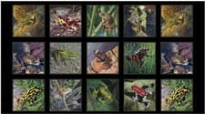 Image of Amazing Frogs 15 Frogs On Black Panel 100% Cotton Print Fabric