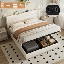 Image of King Size 5ft Fabric Ottoman Storage Bed, Beige Linen Hydraulic Lift Bed Frame