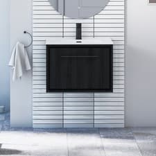 Image of 600mm Bathroom Wall Hung Vanity Black Woodgrain 1 Drawer Storage Ceramic Basin