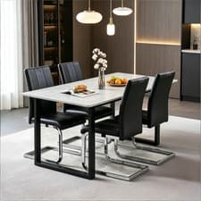 Image of Marble Effect Dining Table and 4PCS Grey PU Chairs set Kitchen Dining Room