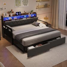 Image of Sofa Bed, 3ft Single Daybed w/ Trundle, Storage Drawers, Storage Headboard, Grey