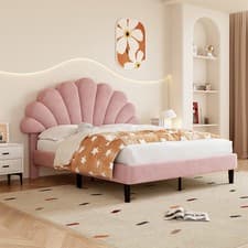 Image of Double Bed 135x190 cm Velvet Upholstered Platform Bed Frame with Headboard Pink