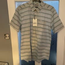 Image of Barbour Tailored Fit Short Sleeve Blue & White Shirt Size XL NEW RRP £89.00