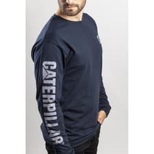 Image of Caterpillar Trademark Banner Long Sleeve T Shirt Dark Marine Tagless back neck