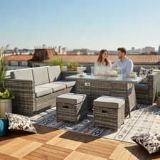 Image of 8-Seater Rattan Furniture Set with Fire Pit Table and Side Table & Stool Grey