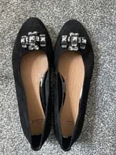 Image of NEW CLARKS BLACK LEATHER SUEDE JEWELLED FLATS SHOES ADULT SIZE 5.5 D