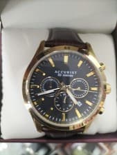 Image of ACCURIST MENS WATCH BLACK DIAL GOLD TONE AND BROWN LEATHER STRAP MS644T.