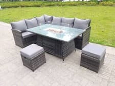 Image of Fimous Corner Rattan Garden Furniture Sofa Gas Fire Pit Burner Dining Table Sets