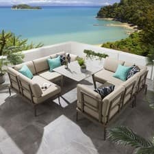 Image of Aluminium Garden Dining Set 8-Seat Metal Outdoor Bench & Table Ceramic Beige L2